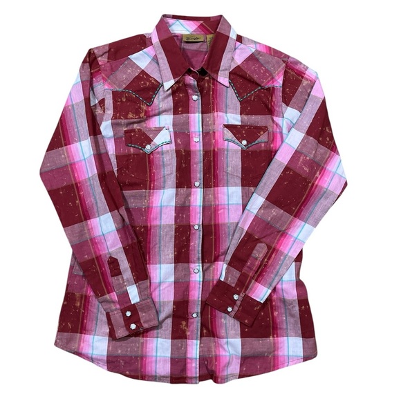 Wrangler EUC Pearl Snap Button Front Long Sleeve Western Shirt Pink Plaid Medium - Picture 1 of 11